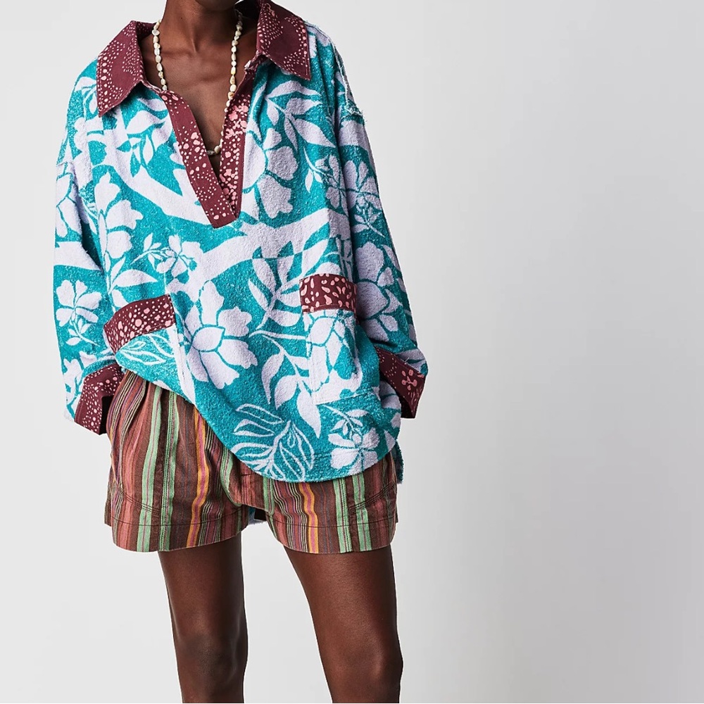 Free People After Swim Terry Towel Sweatshirt Floral Printed